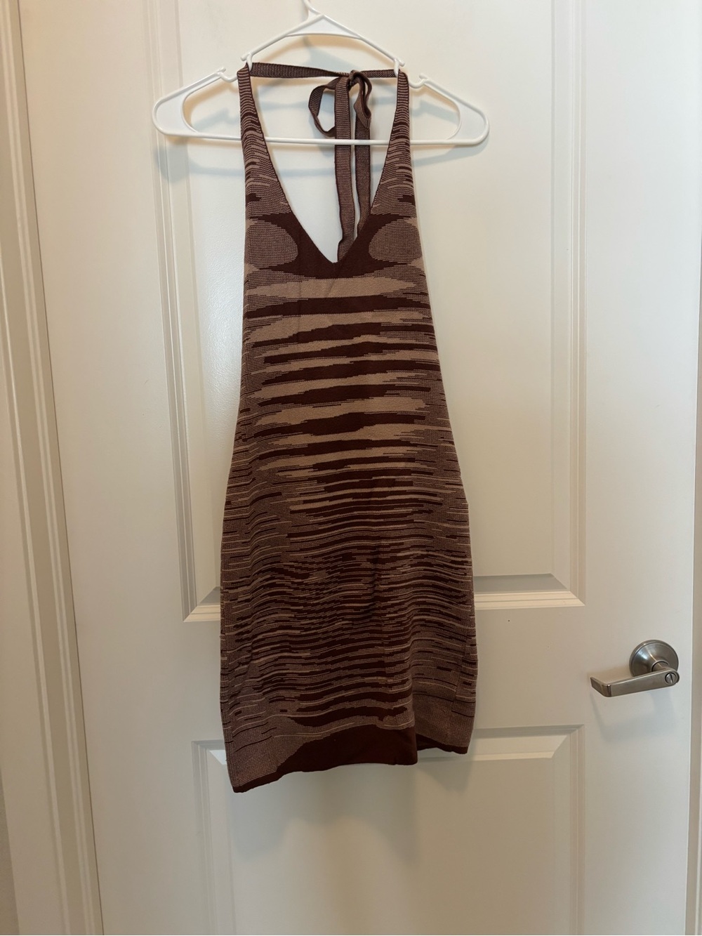Backless Halter Knit Mini Dress in Brown Stripe